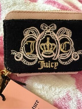 Juicy Couture Black and Pink Embroidered Crest Zip Wallet